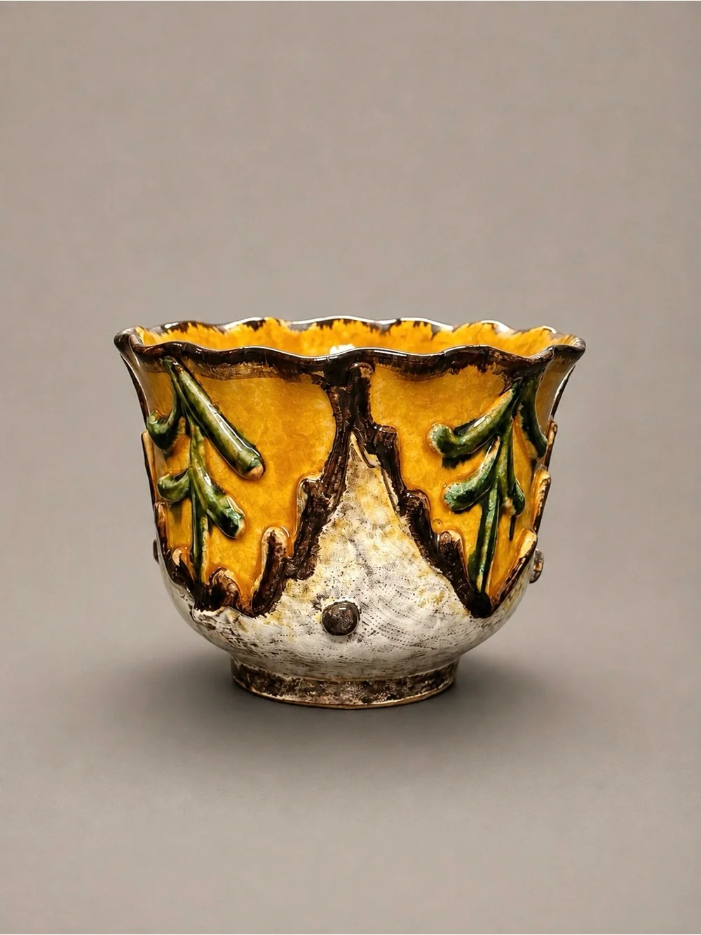 Vintage Art Pottery Planter Signed Italy Mustard Yellow Green Sculptural Ceramic